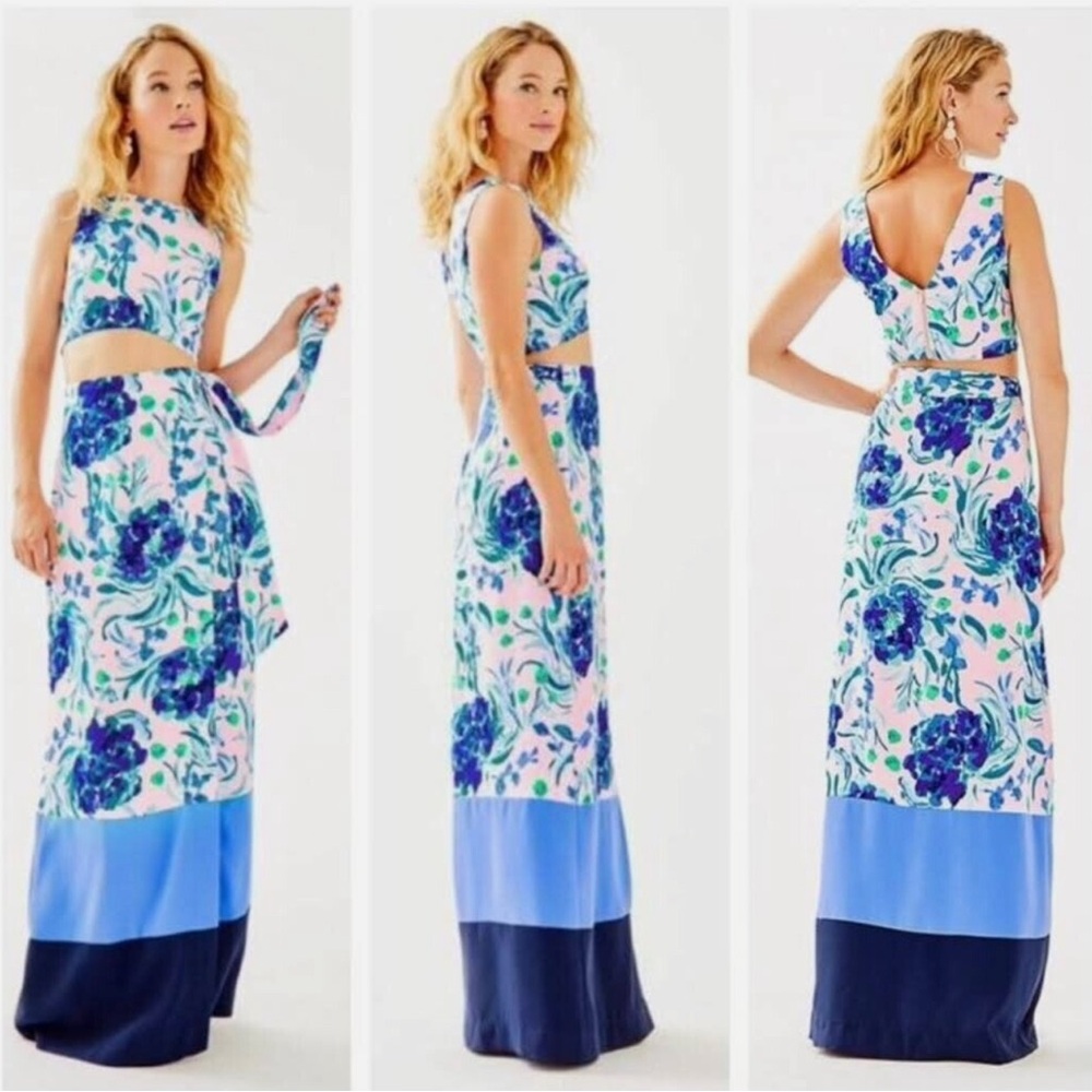 Lilly Pulitzer Size 12 jemma Top And wrap Maxi Skirt Set Tropics Sweet Pink Blue